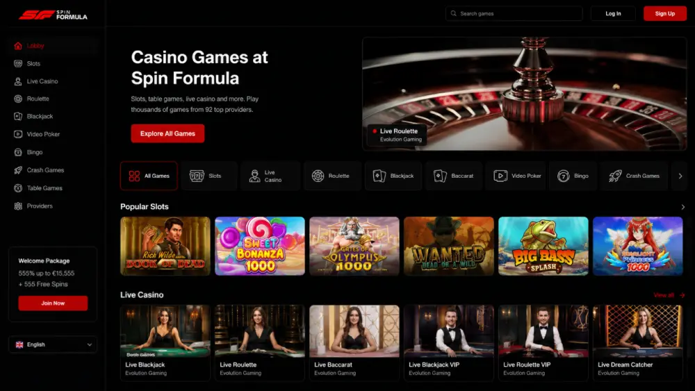 Spin Formula casino games with slots and live tables