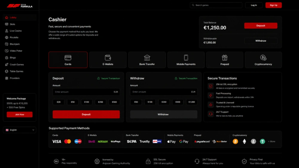 Spin Formula payment methods for deposits and withdrawals